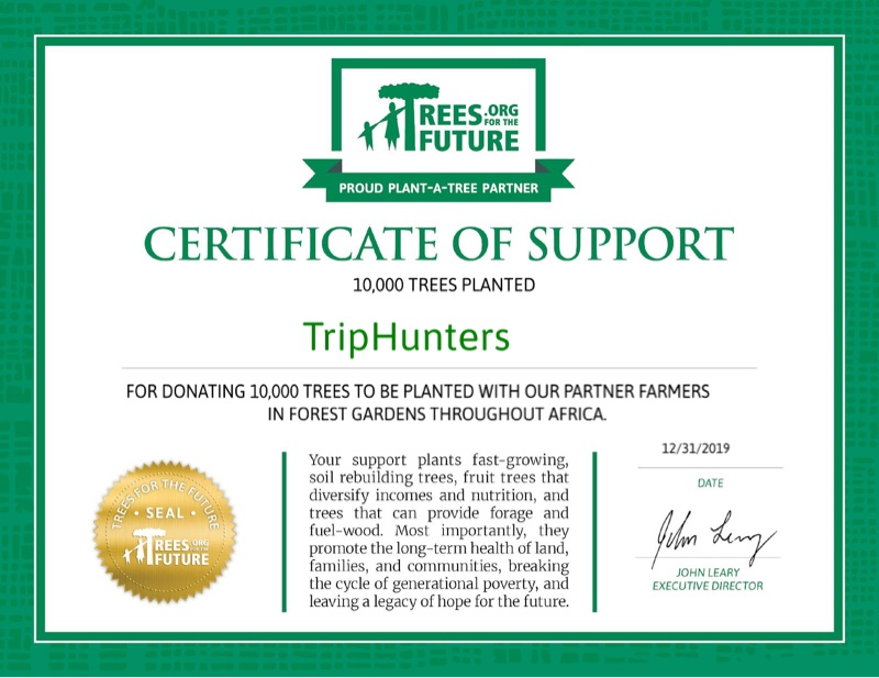Certificate of support from trees for the future showing that 19,800 trees have been donated by TripHunters